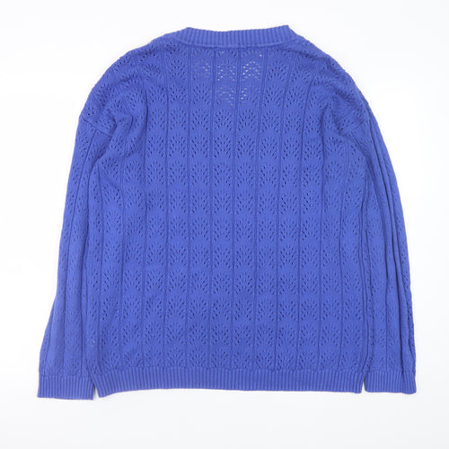 Clothing Company Women's Blue V-Neck Open-Knit Jumper Size M