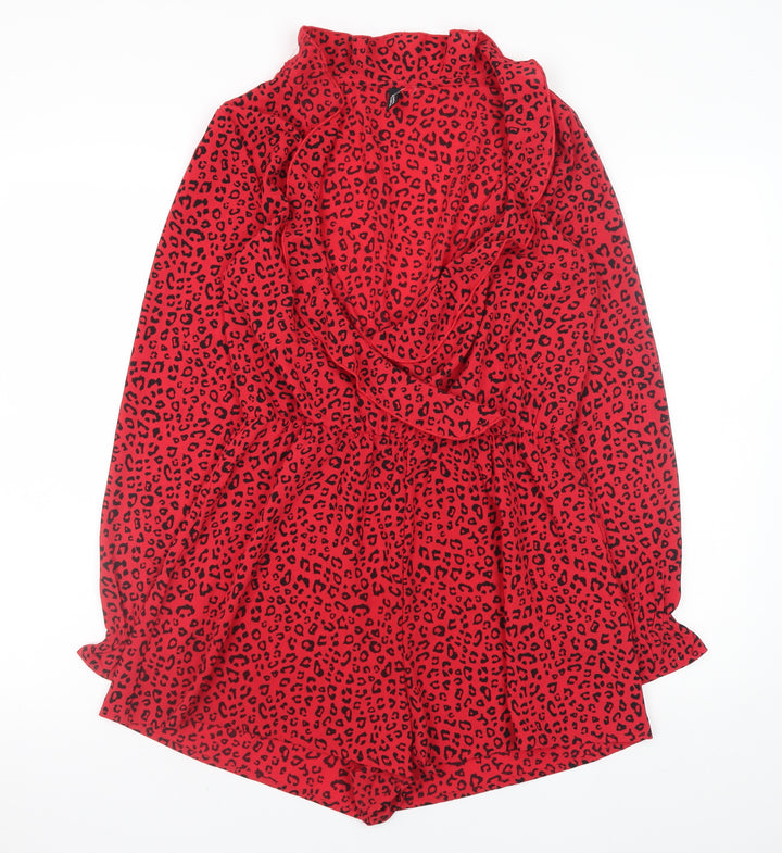 H&M Women's Red Leopard Print Long Sleeve Playsuit Size 10