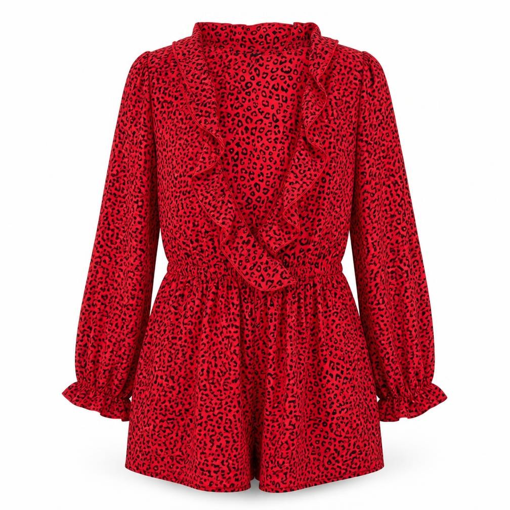 Front view of H&M Women's Red Leopard Print Long Sleeve Playsuit, size 10