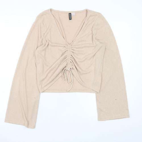 H&M Divided Women’s Beige Cropped V-Neck Drawstring Long Sleeve Blouse L