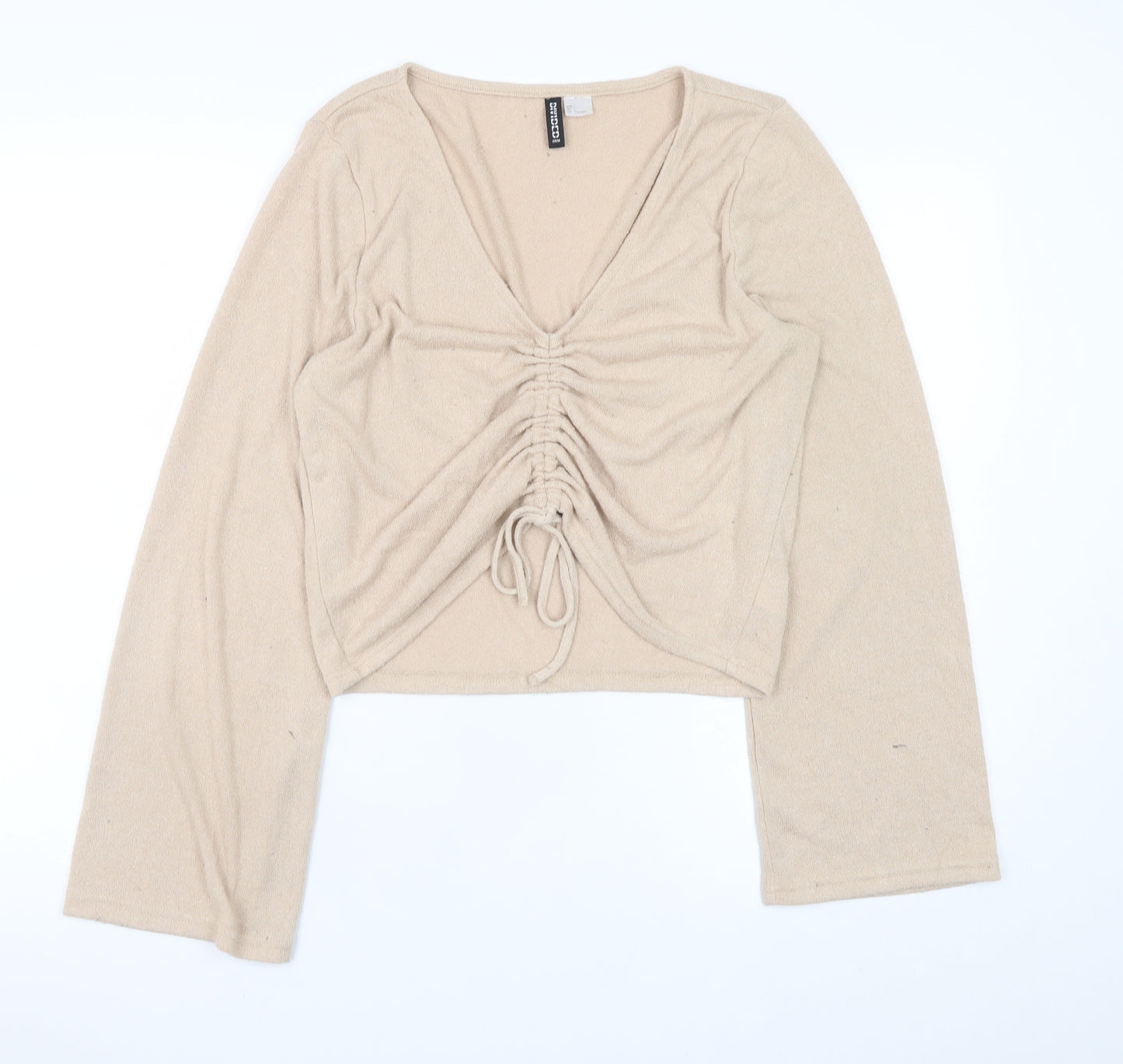 H&M Divided Women’s Beige Cropped V-Neck Drawstring Long Sleeve Blouse L