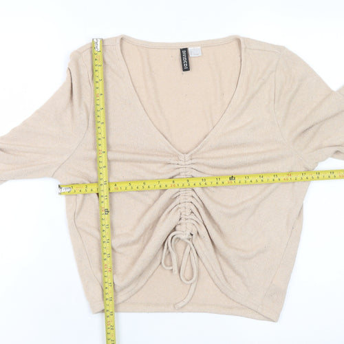 H&M Divided Women’s Beige Cropped V-Neck Drawstring Long Sleeve Blouse L