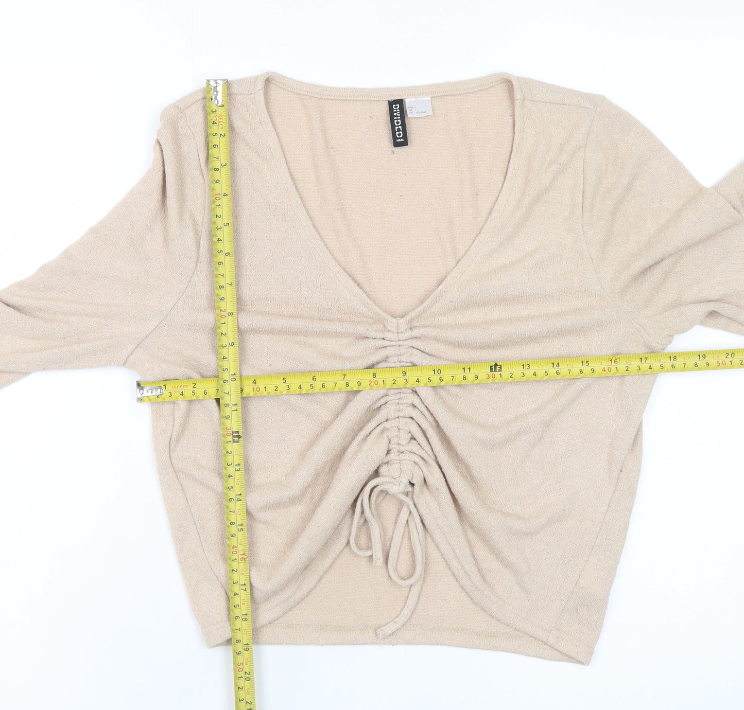 H&M Divided Women’s Beige Cropped V-Neck Drawstring Long Sleeve Blouse L