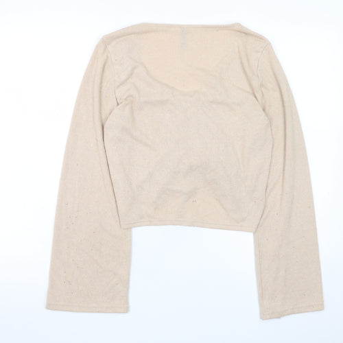 H&M Divided Women’s Beige Cropped V-Neck Drawstring Long Sleeve Blouse L