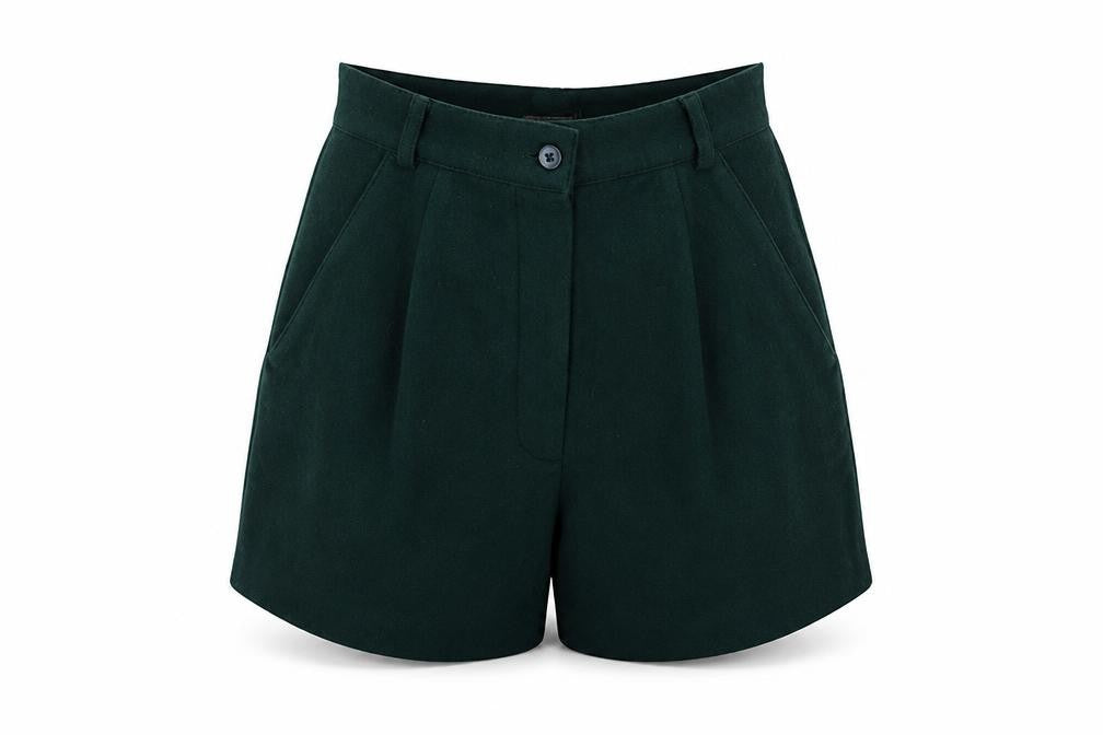 Front view of Ragazza Trend women’s green wool blend chino shorts, size UK 8