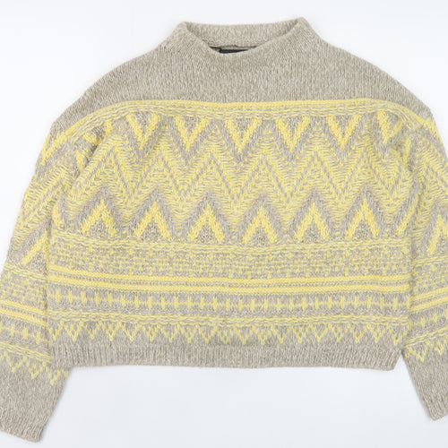 Oui Women’s Beige Yellow Mock Neck Wool Blend Geometric Jumper Size 6