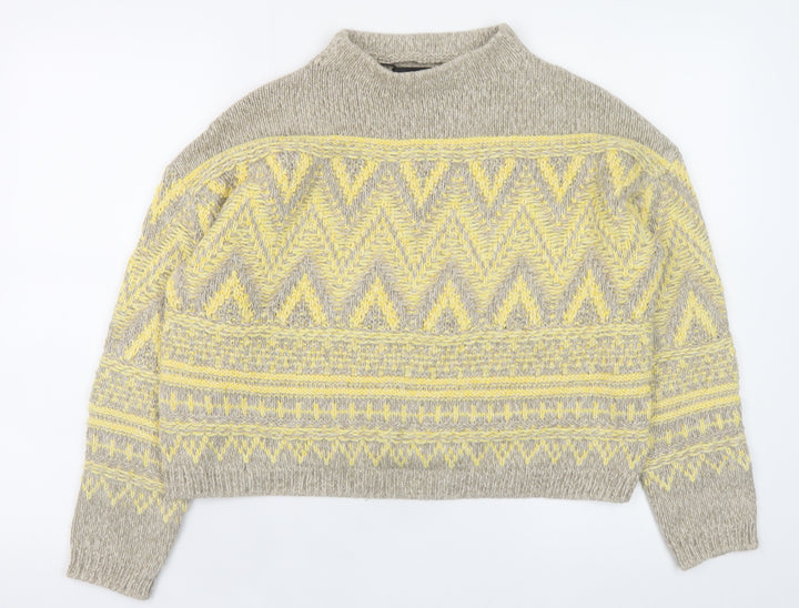 Oui Women’s Beige Yellow Mock Neck Wool Blend Geometric Jumper Size 6
