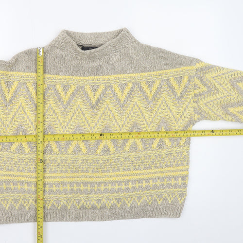 Oui Women’s Beige Yellow Mock Neck Wool Blend Geometric Jumper Size 6