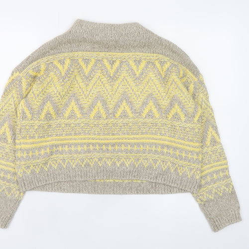 Oui Women’s Beige Yellow Mock Neck Wool Blend Geometric Jumper Size 6