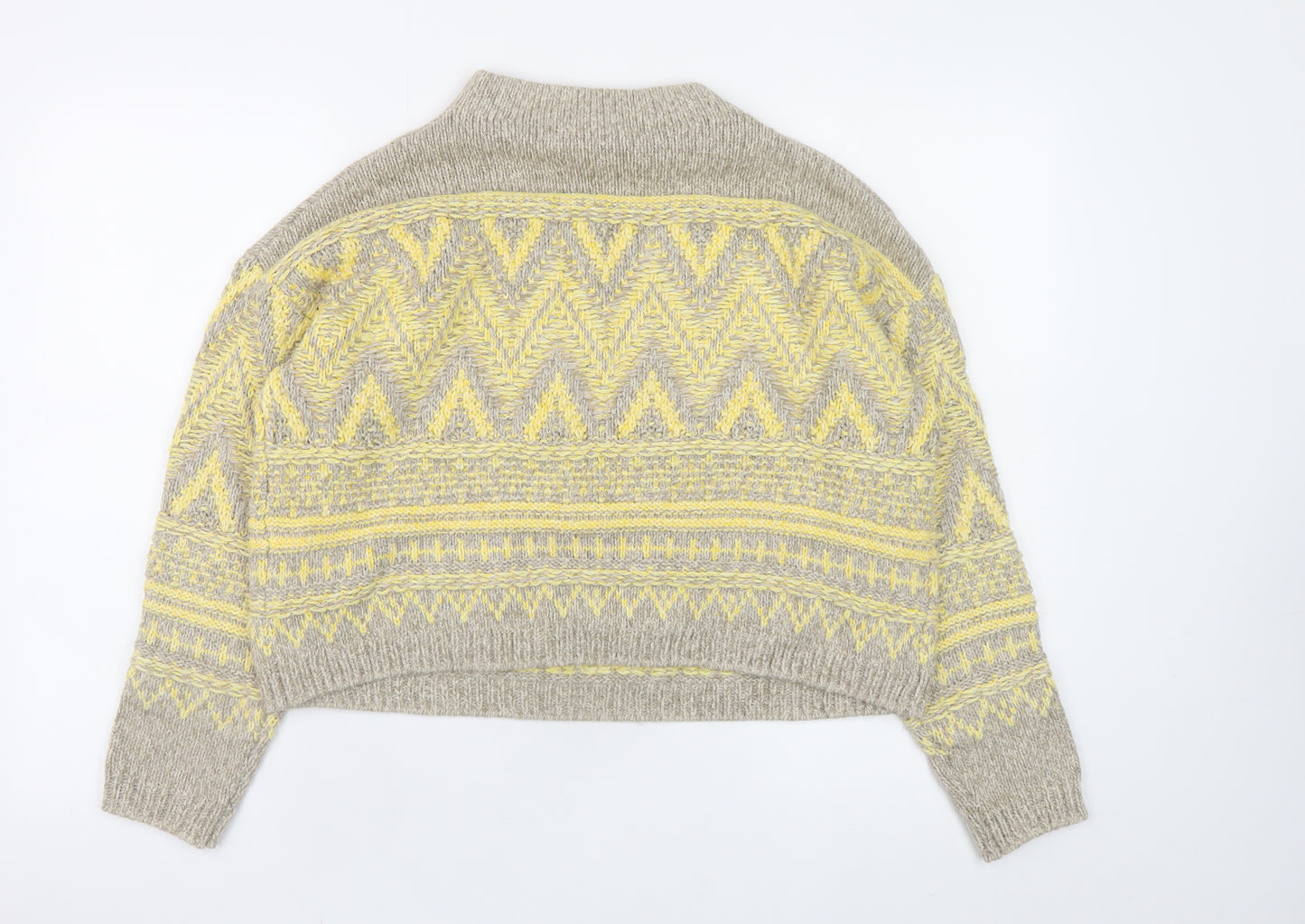 Oui Women’s Beige Yellow Mock Neck Wool Blend Geometric Jumper Size 6