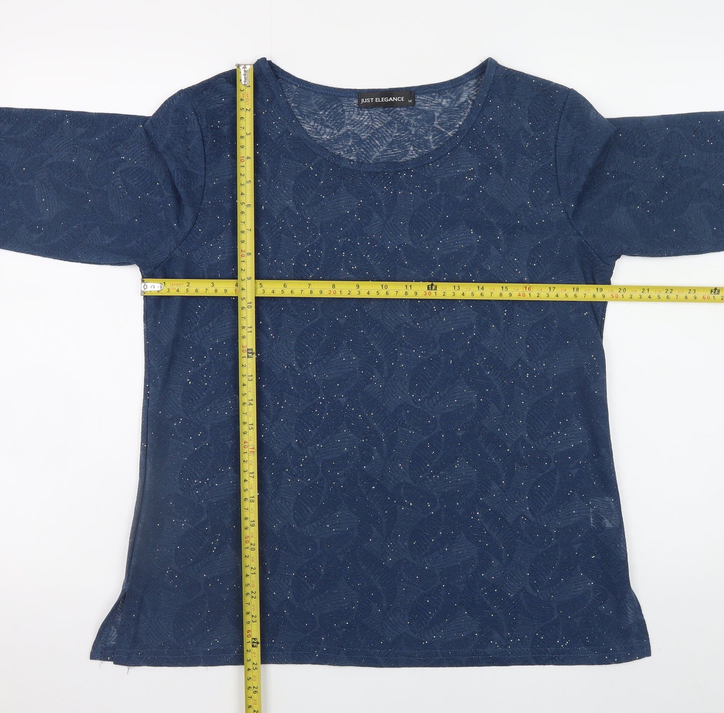Just Elegance Women's Blue 3/4 Sleeve Glitter Floral Blouse Size 14