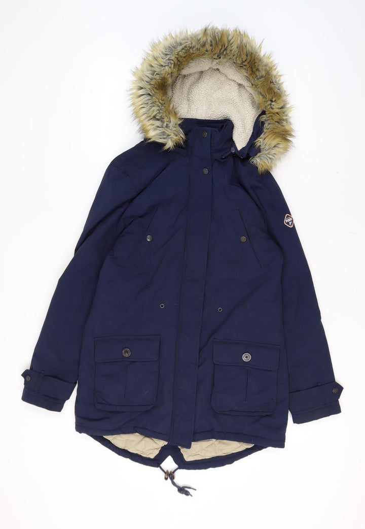 Puffa Women's Blue Faux Fur Hooded Parka Coat Size 12