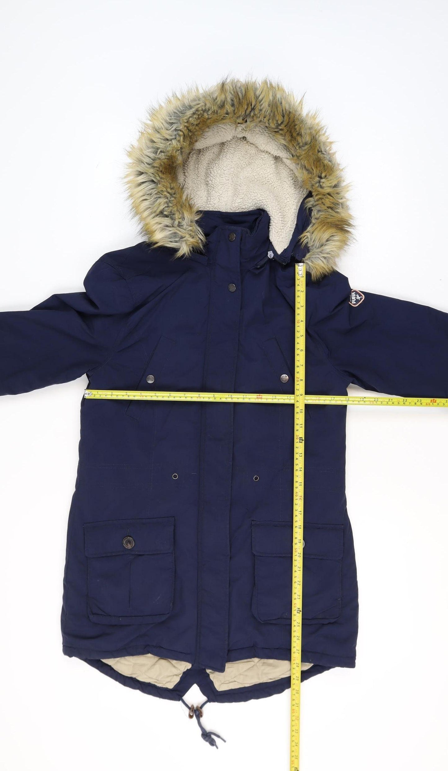Puffa Women's Blue Faux Fur Hooded Parka Coat Size 12