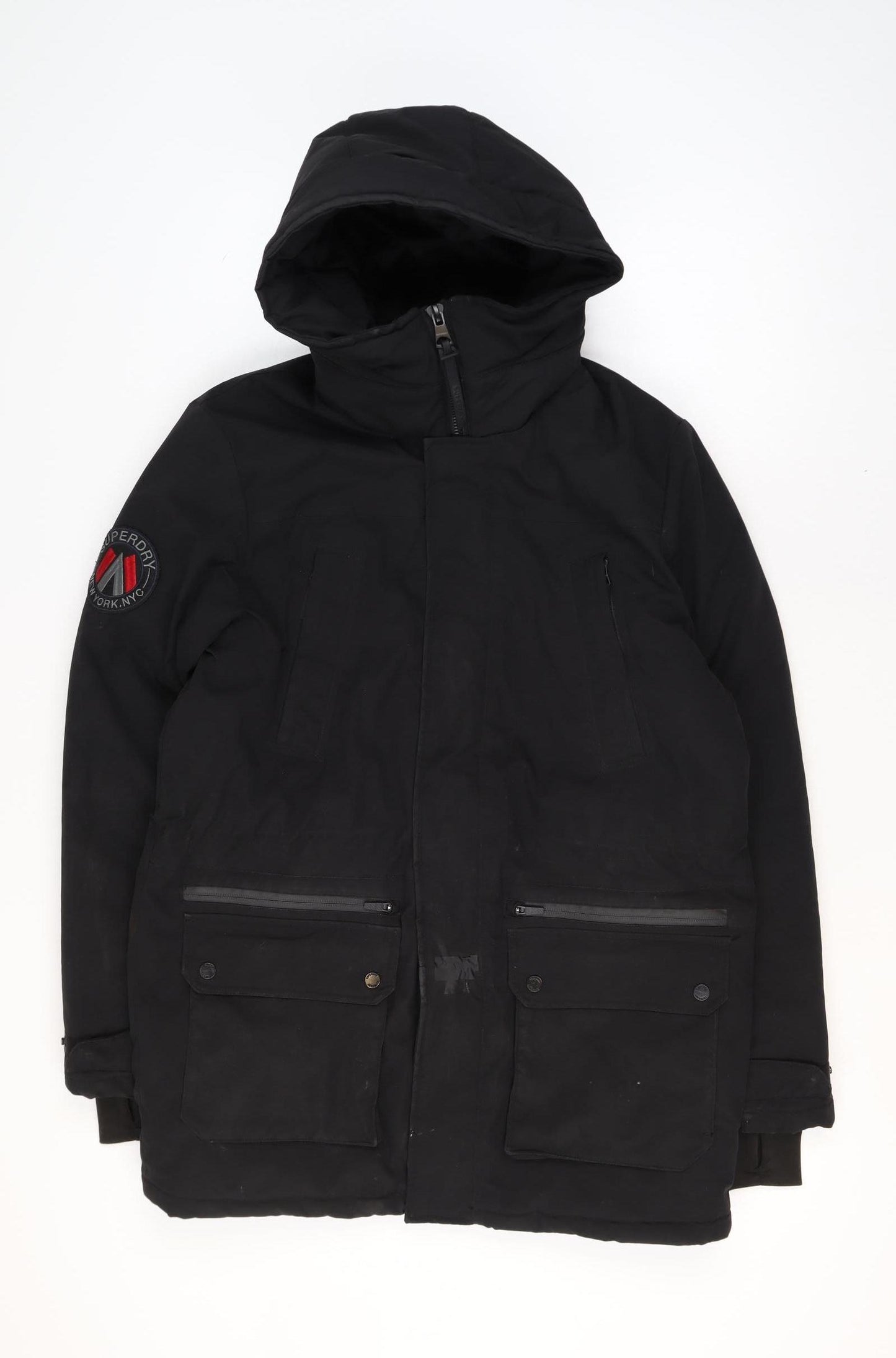 Superdry Men's Black City Parka Jacket Size S Hooded Waterproof