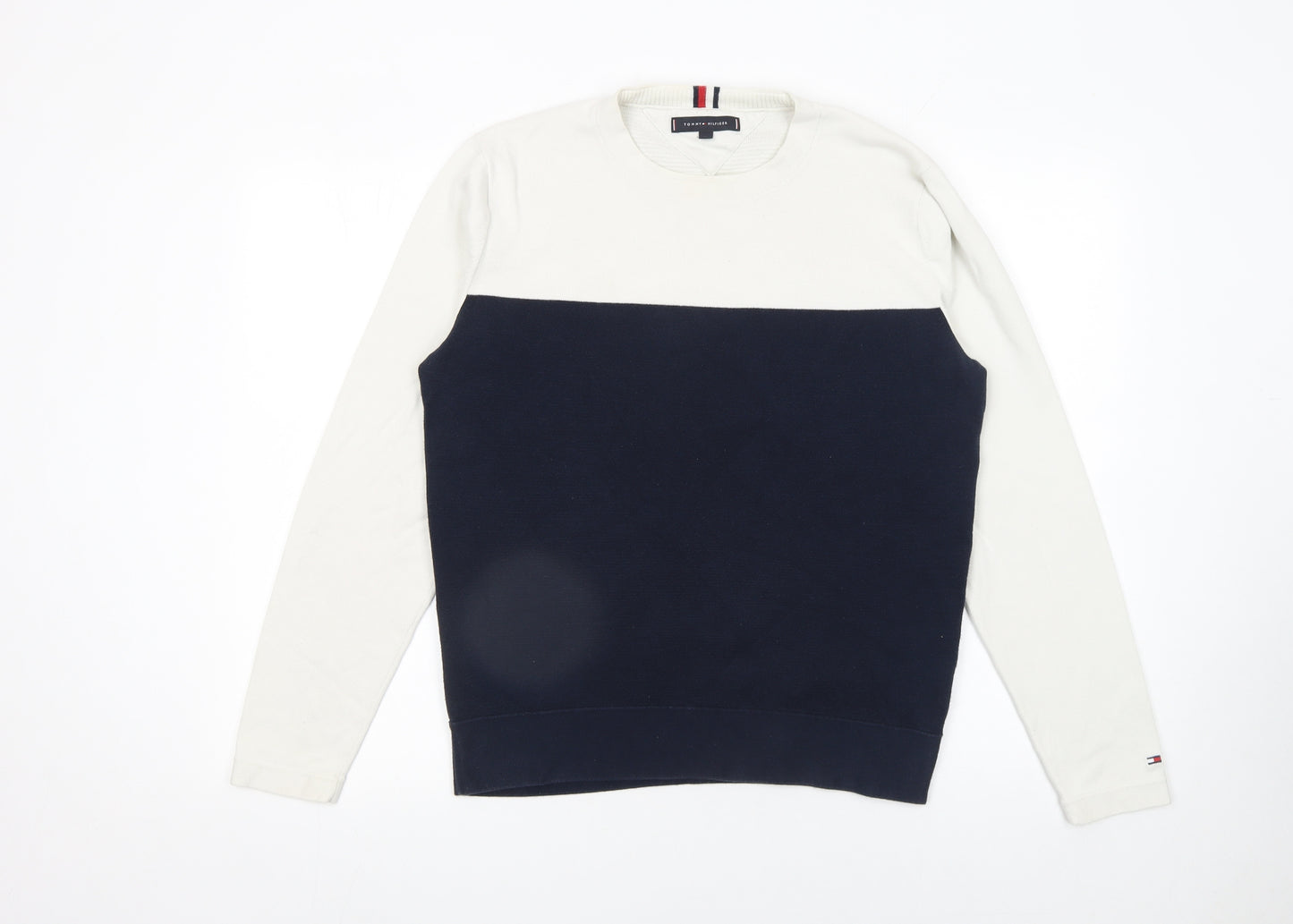 Tommy Hilfiger Men's Blue White Cotton Crew Neck Jumper M
