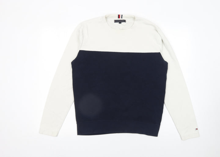 Tommy Hilfiger Men's Blue White Cotton Crew Neck Jumper M