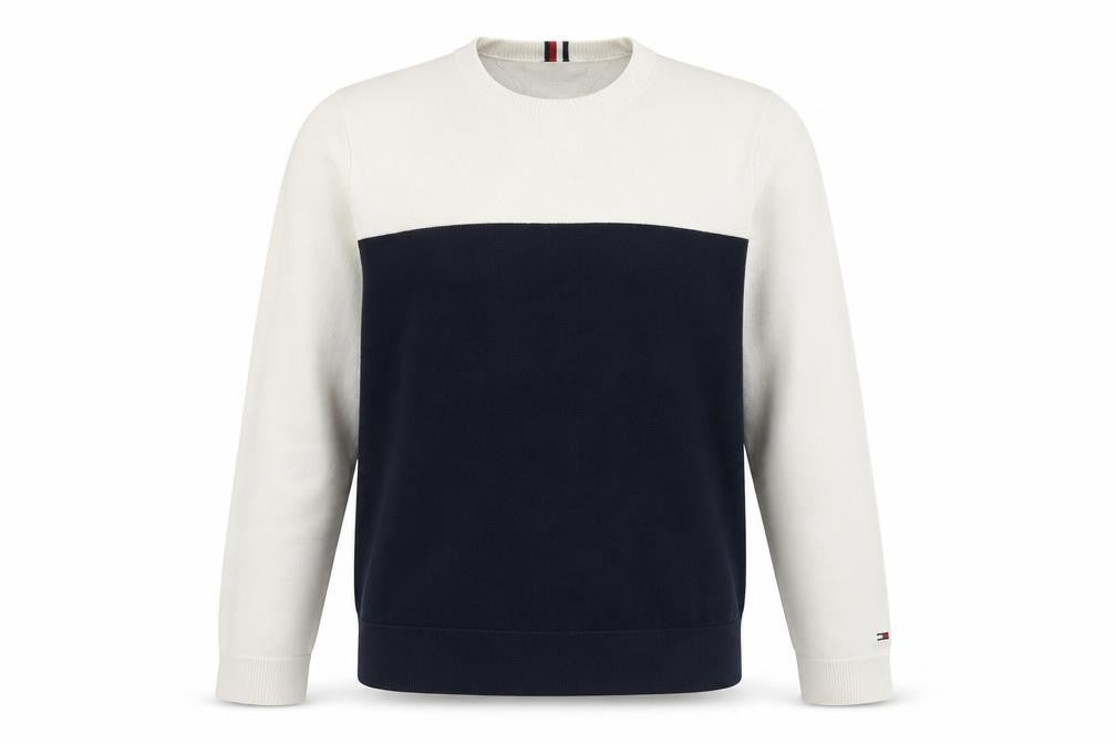 Front view of Tommy Hilfiger Men's Blue White Cotton Crew Neck Jumper M