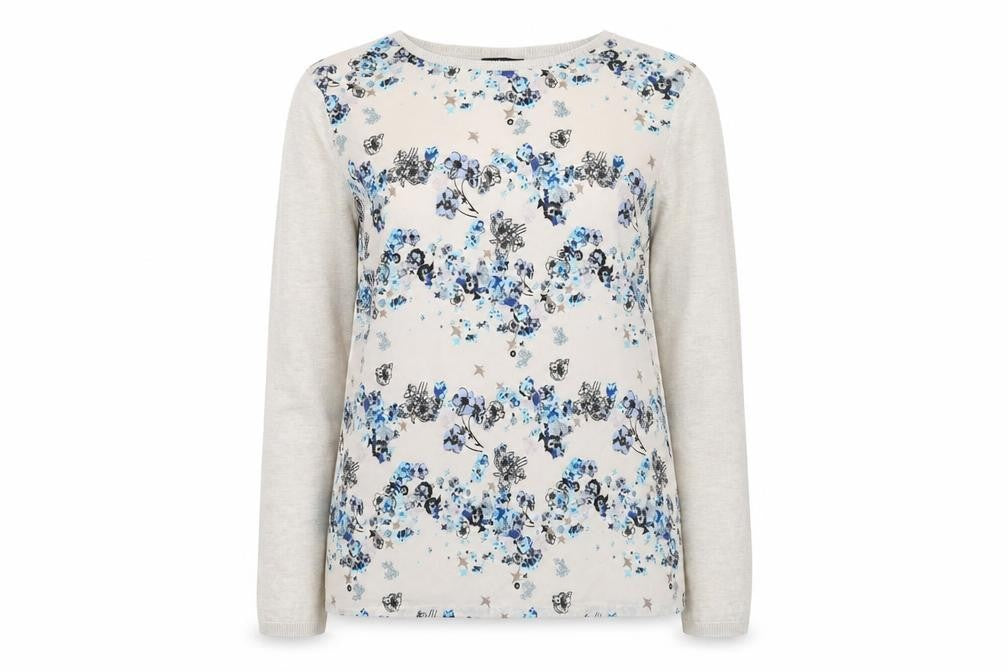 Front view of Warehouse Women’s Beige Floral Long Sleeve jumper, size L