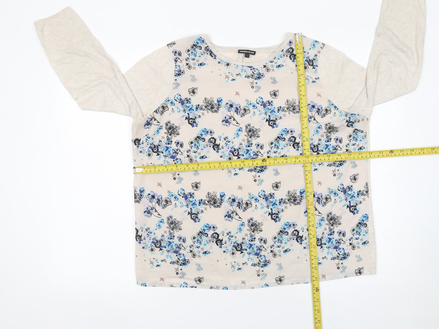 Warehouse Women’s Beige Floral Long Sleeve Pullover Jumper Size L