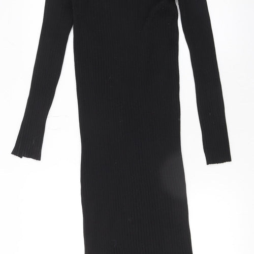 H&M Women Black Midi Bodycon Dress Size 12 Long Sleeve V-Neck