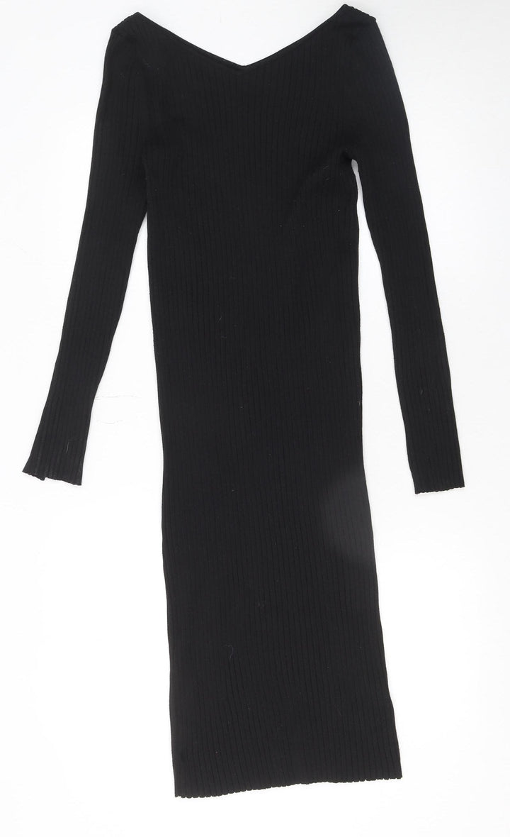 H&M Women Black Midi Bodycon Dress Size 12 Long Sleeve V-Neck