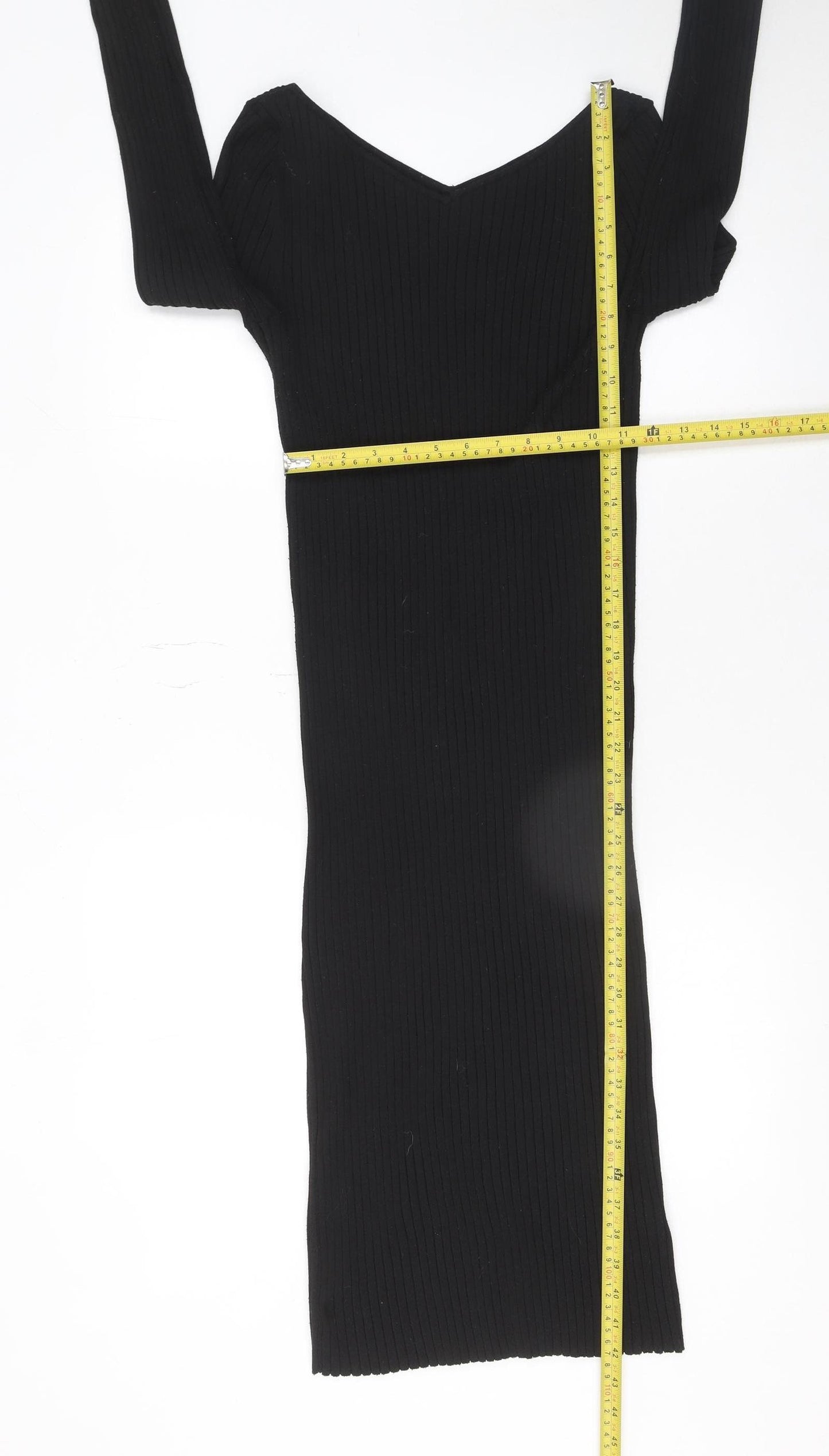 H&M Women Black Midi Bodycon Dress Size 12 Long Sleeve V-Neck