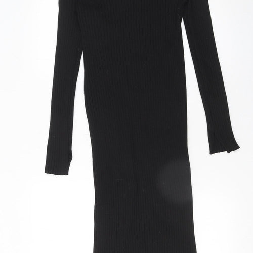 H&M Women Black Midi Bodycon Dress Size 12 Long Sleeve V-Neck