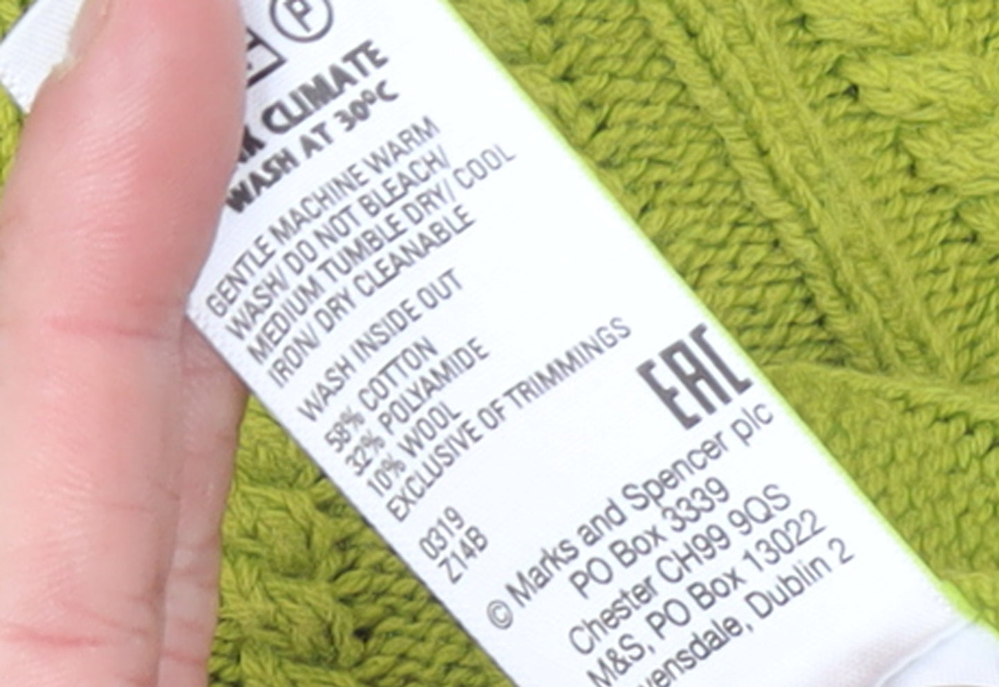 Marks and Spencer Womens Green Cable Knit High Neck Jumper M