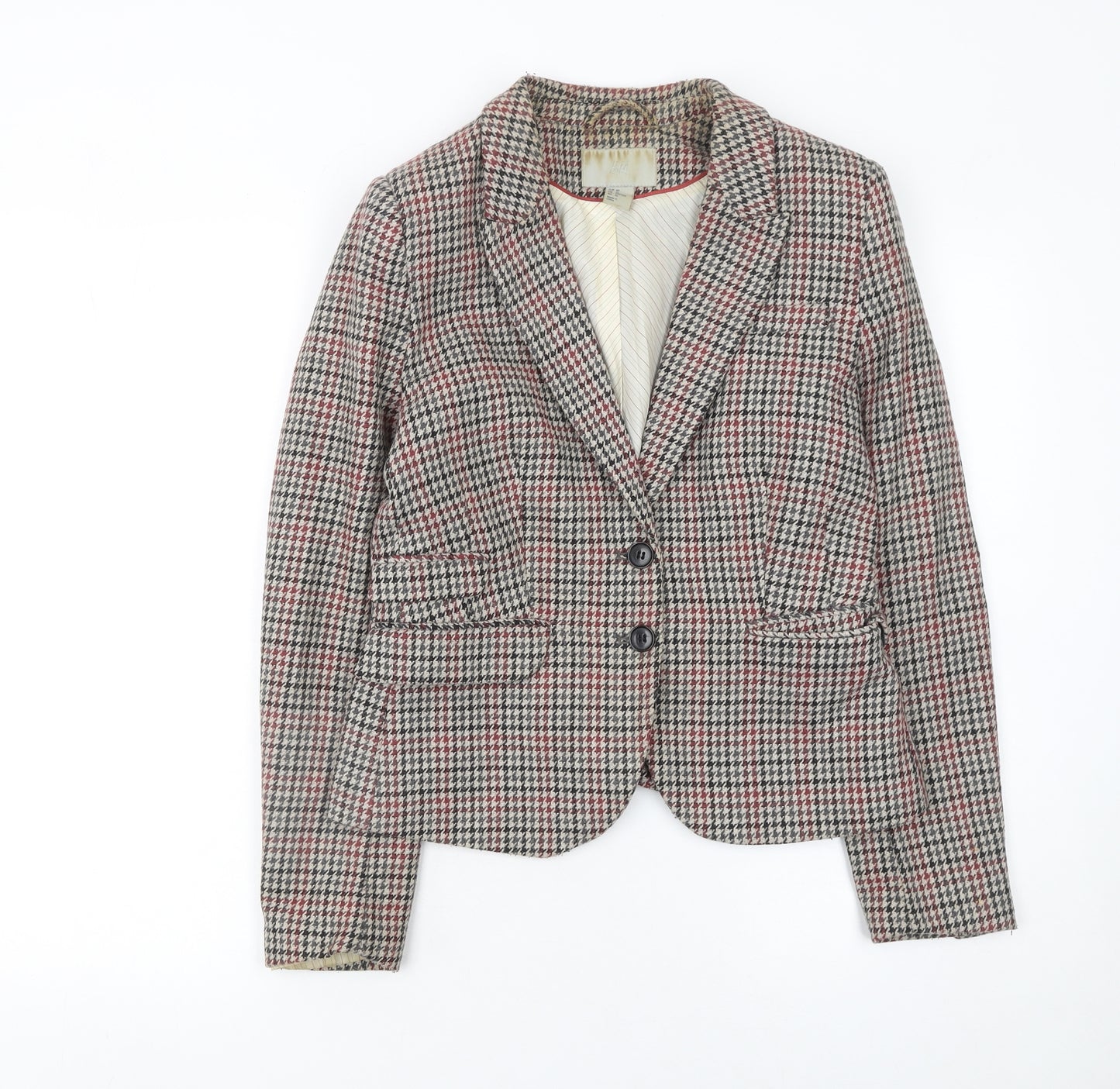 H&M Womens Brown Checked Wool Blend Single-Breasted Blazer UK 12
