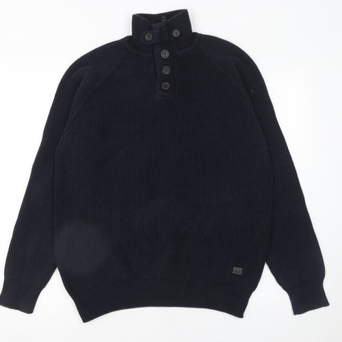 Next Men's Blue XL Henley High Neck Cotton Jumper