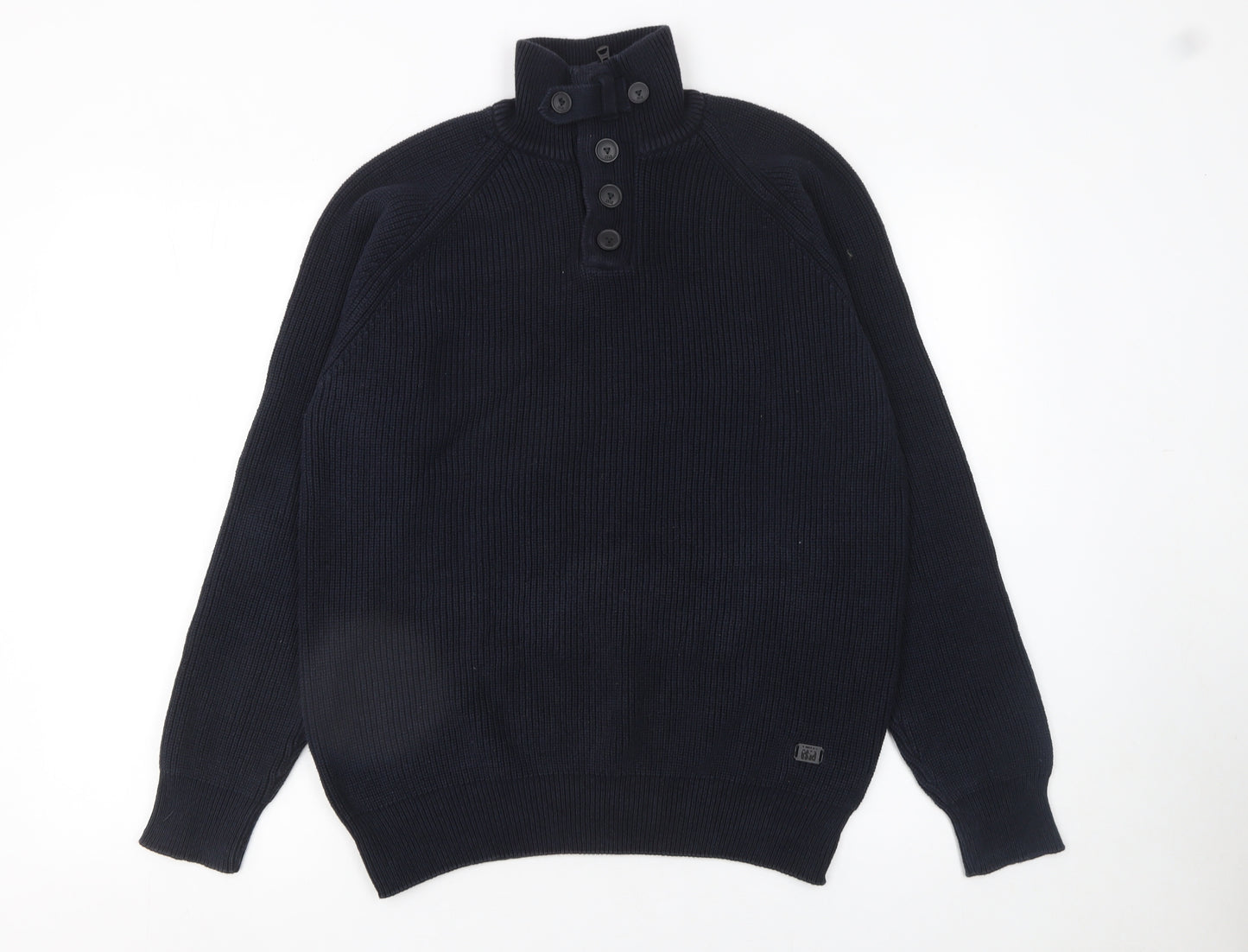 Next Men's Blue XL Henley High Neck Cotton Jumper