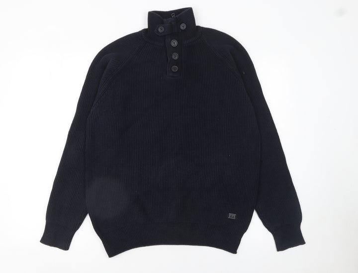 Next Men's Blue XL Henley High Neck Cotton Jumper