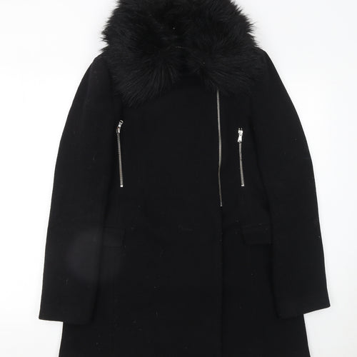 Zara Woman Black Wool Blend Fur Collar Zip Coat Size M