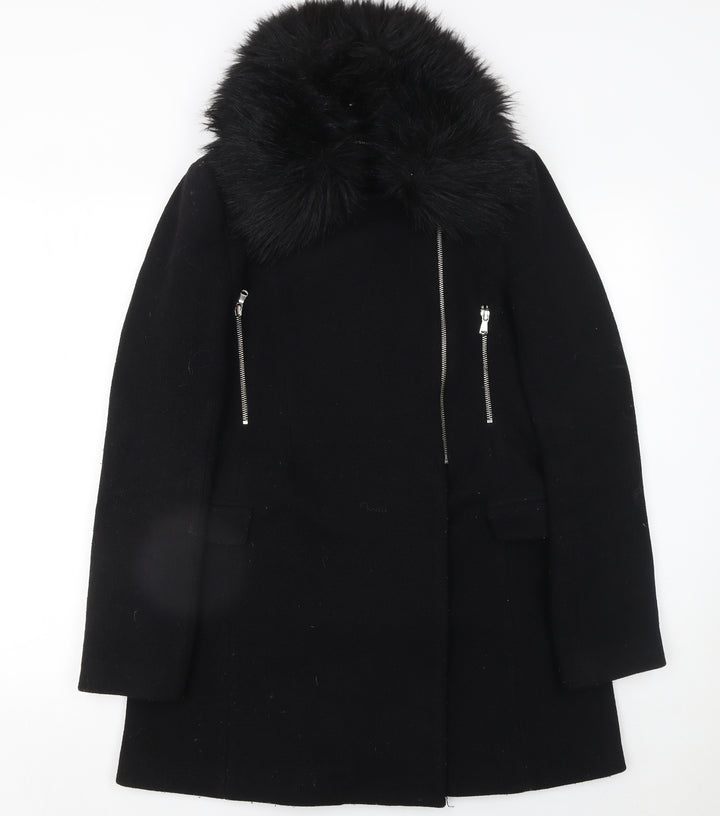 Zara Woman Black Wool Blend Fur Collar Zip Coat Size M
