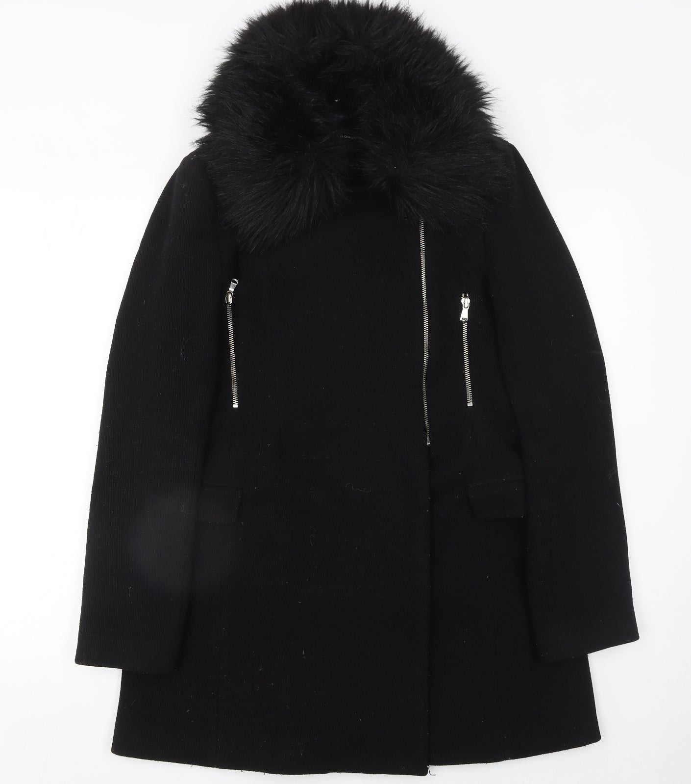 Zara Woman Black Wool Blend Fur Collar Zip Coat Size M