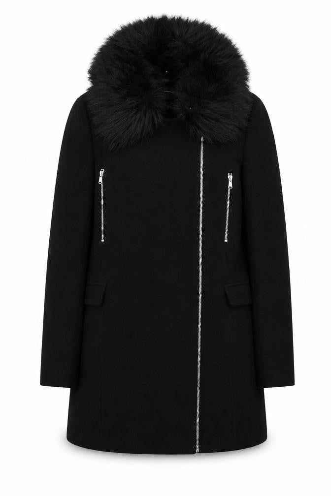 Front view of Zara Woman Black Wool Blend Fur Collar Zip Coat, size M