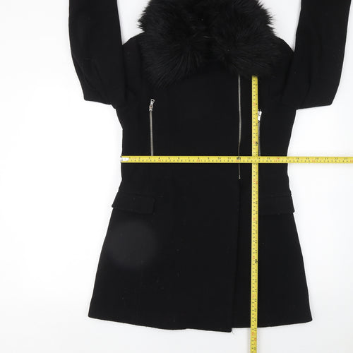 Zara Woman Black Wool Blend Fur Collar Zip Coat Size M
