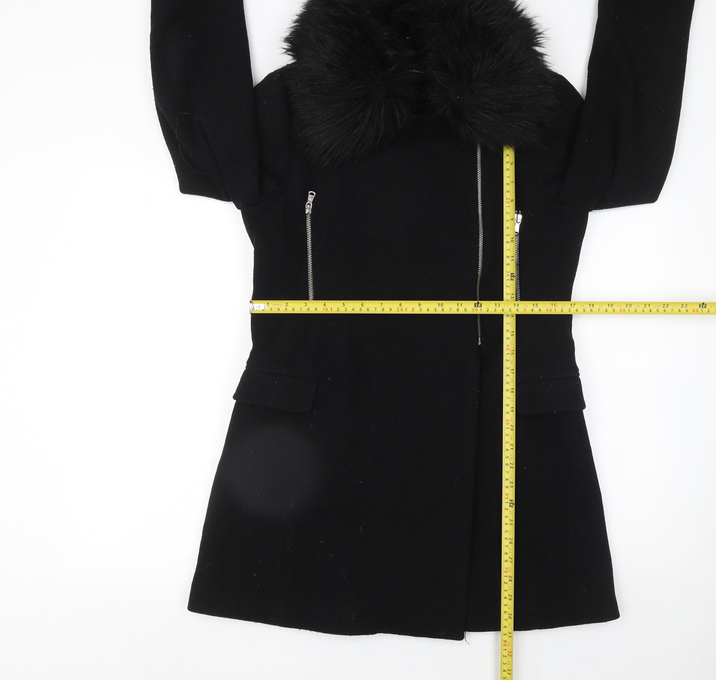 Zara Woman Black Wool Blend Fur Collar Zip Coat Size M