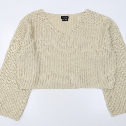 Firetrap Womens Beige V-Neck Chunky Knit Jumper Size 12