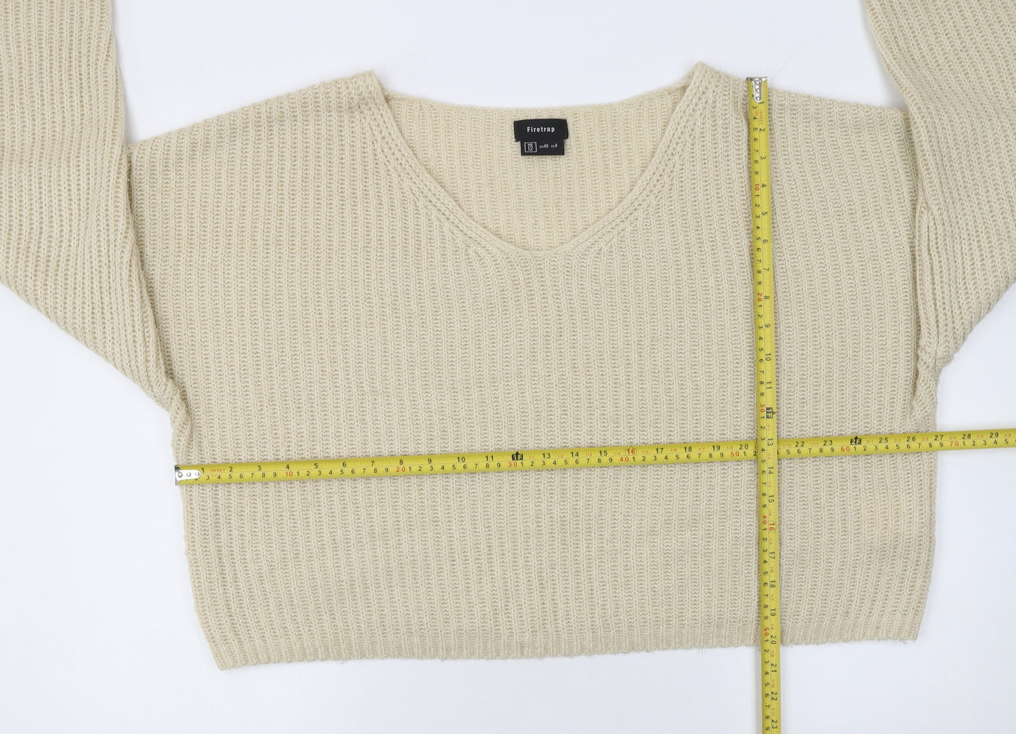 Firetrap Womens Beige V-Neck Chunky Knit Jumper Size 12