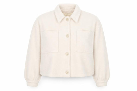 Front view of Collusion women’s beige cropped button jacket, size UK 18, regular