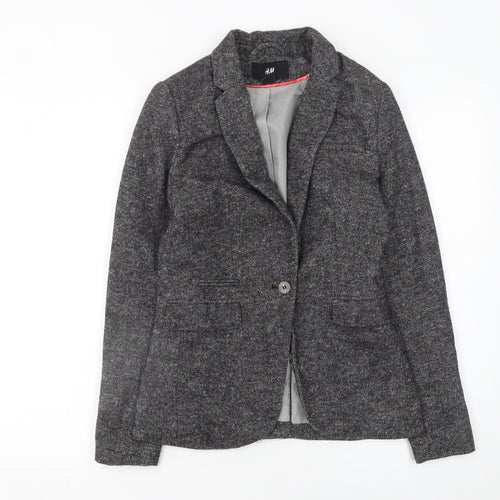 H&M Women's Grey Single-Breasted Blazer Size 6 Tailored Wool Blend