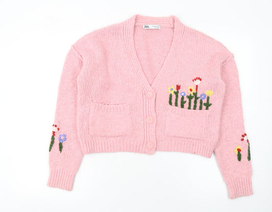 Zara Women Pink Embroidered Floral Chunky Knit Cardigan Size S