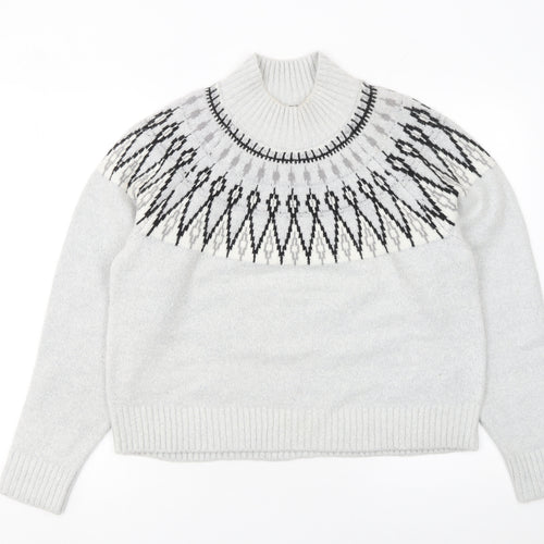 French Connection Women Grey Fair Isle Roll Neck Wool Jumper Size S