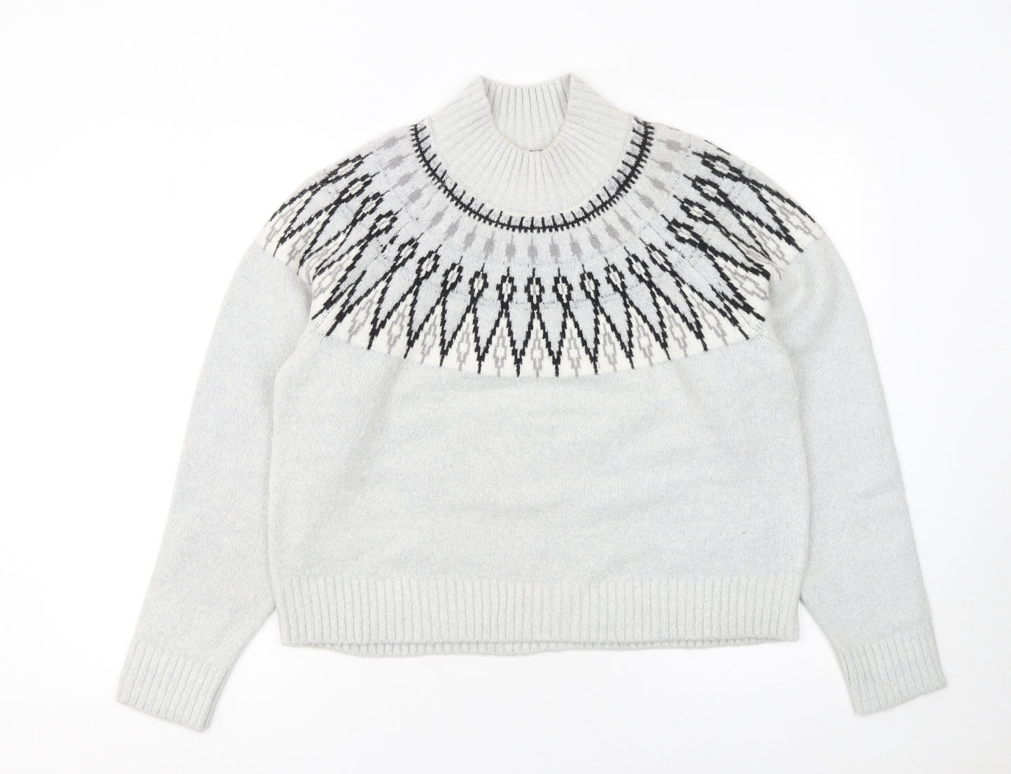 French Connection Women Grey Fair Isle Roll Neck Wool Jumper Size S