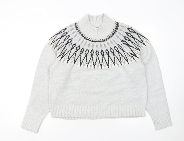 French Connection Women Grey Fair Isle Roll Neck Wool Jumper Size S