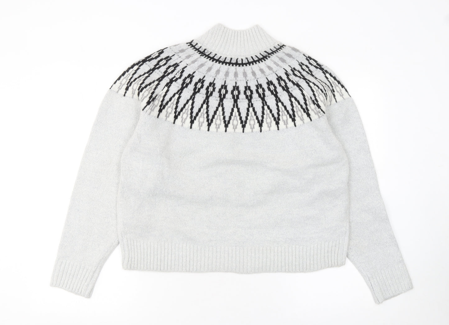 French Connection Women Grey Fair Isle Roll Neck Wool Jumper Size S