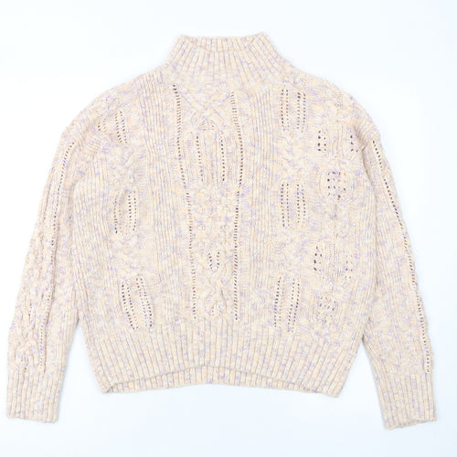Marks and Spencer Women’s Beige Cotton Mock Neck Cable Knit Jumper Size 14