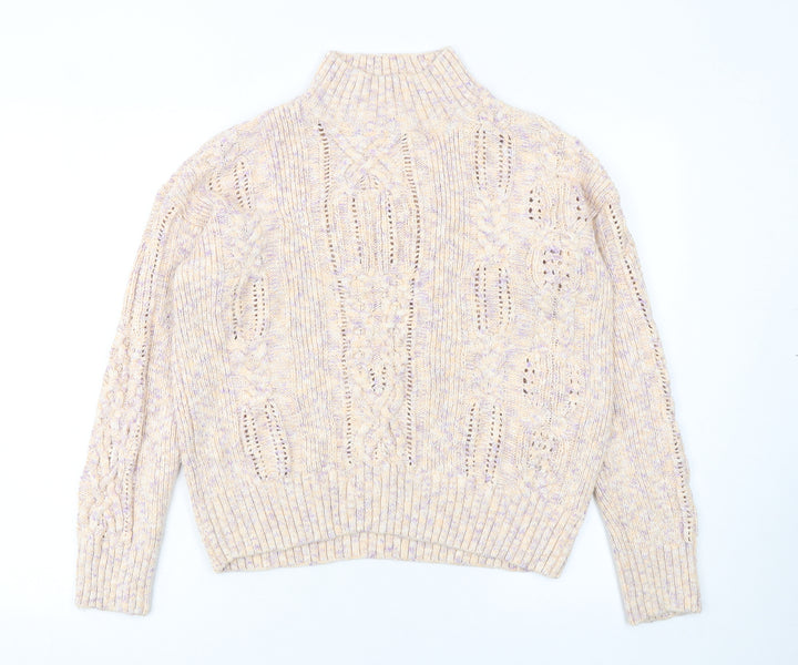 Marks and Spencer Women’s Beige Cotton Mock Neck Cable Knit Jumper Size 14