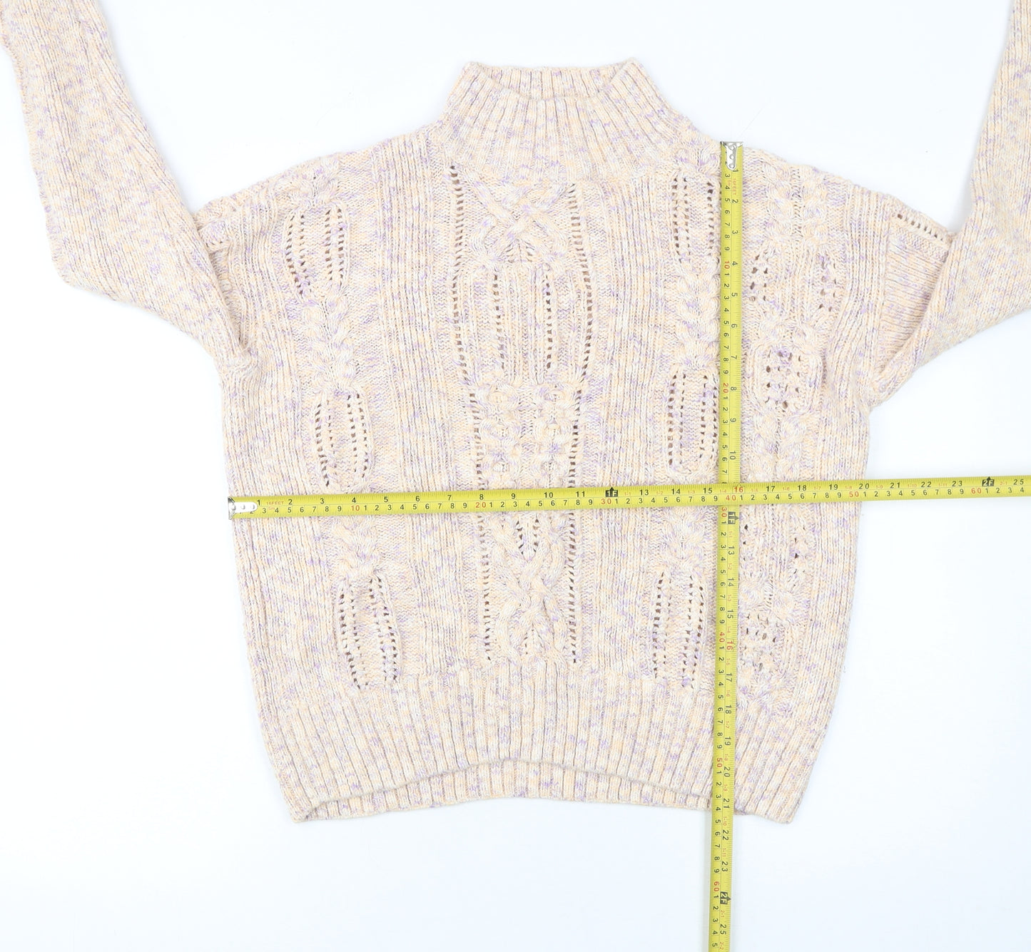 Marks and Spencer Women’s Beige Cotton Mock Neck Cable Knit Jumper Size 14